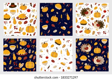 Set of seamless patterns with cute turkeys and autumn food  - cartoon backgrounds for cozy Thanksgiving textile or wrapping paper design