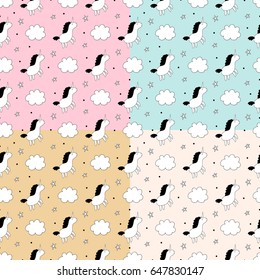 Set of seamless patterns with cute unicorn