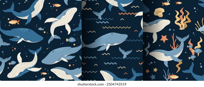 Set of Seamless patterns with cute whales and seaweed. Vector marine children s print with sea creatures for textiles, scrapbooking, wallpapers, etc.