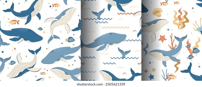 Set of Seamless patterns with cute whales and seaweed. Vector marine children s print with sea creatures for textiles, scrapbooking, wallpapers, etc.