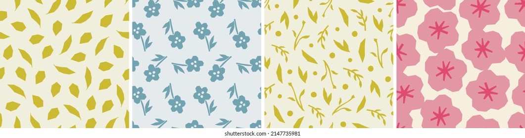 Set of seamless patterns in cutout style. Vector backgrounds with flowers and abstract shapes. Floral vector template for fabric, textile, wallpaper, decor
