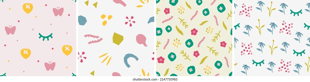 Set of seamless patterns in cutout style. Vector backgrounds with flowers and abstract shapes. Floral vector template for fabric, textile, wallpaper, decor