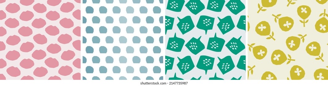 Set of seamless patterns in cutout style. Vector backgrounds with flowers and abstract shapes. Floral vector template for fabric, textile, wallpaper, decor