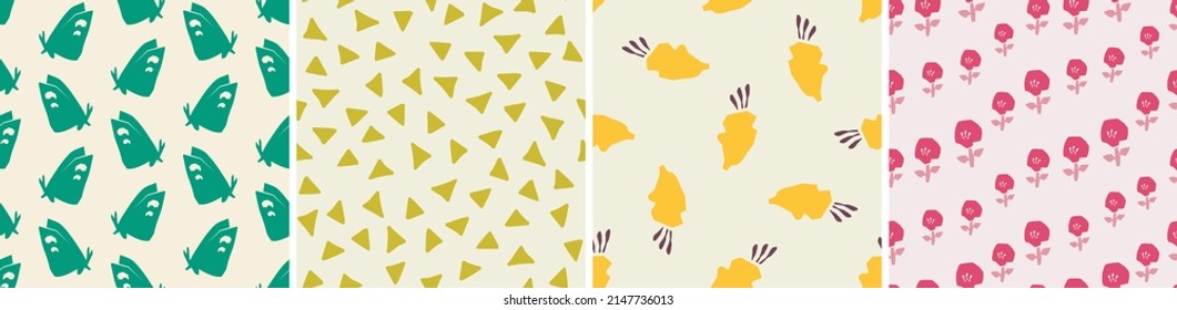 Set of seamless patterns in cutout style. Vector backgrounds with flowers and abstract shapes. Floral vector template for fabric, textile, wallpaper, decor