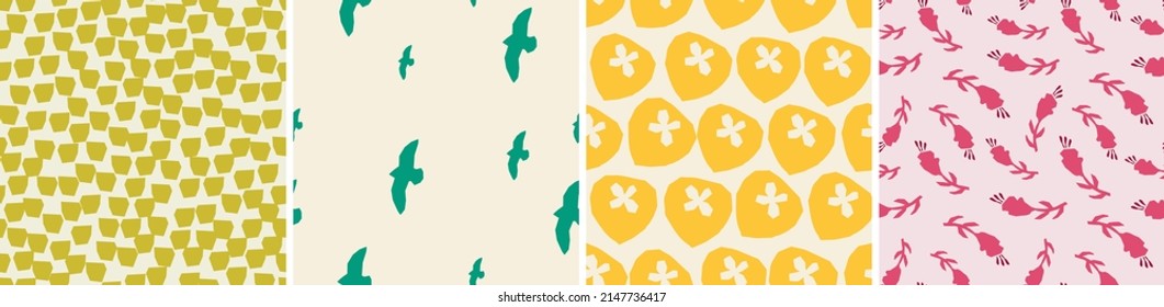 Set of seamless patterns in cutout style. Vector backgrounds with flowers and abstract shapes. Floral vector template for fabric, textile, wallpaper, decor