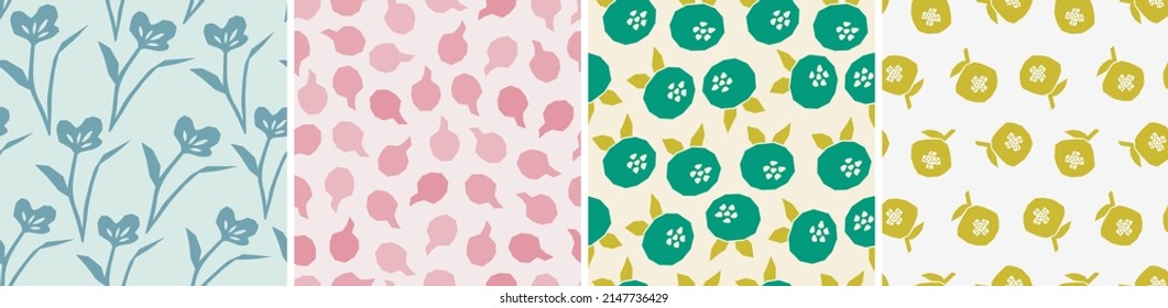 Set of seamless patterns in cutout style. Vector backgrounds with flowers and abstract shapes. Floral vector template for fabric, textile, wallpaper, decor