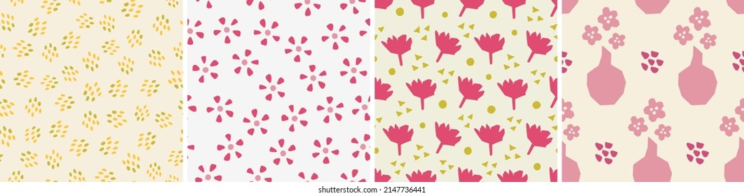 Set of seamless patterns in cutout style. Vector backgrounds with flowers and abstract shapes. Floral vector template for fabric, textile, wallpaper, decor