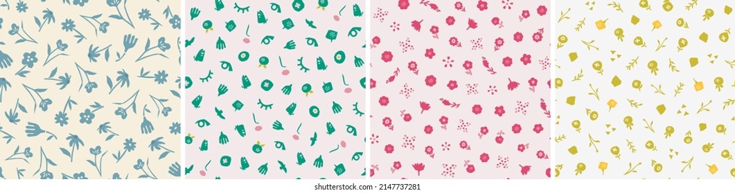 Set of seamless patterns in cutout style. Vector backgrounds with flowers and abstract shapes. Floral vector template for fabric, textile, wallpaper, decor