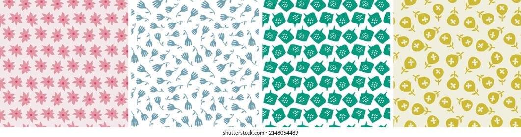 Set of seamless patterns in cutout style. Vector backgrounds with flowers and abstract shapes. Floral vector template for fabric, textile, wallpaper, decor