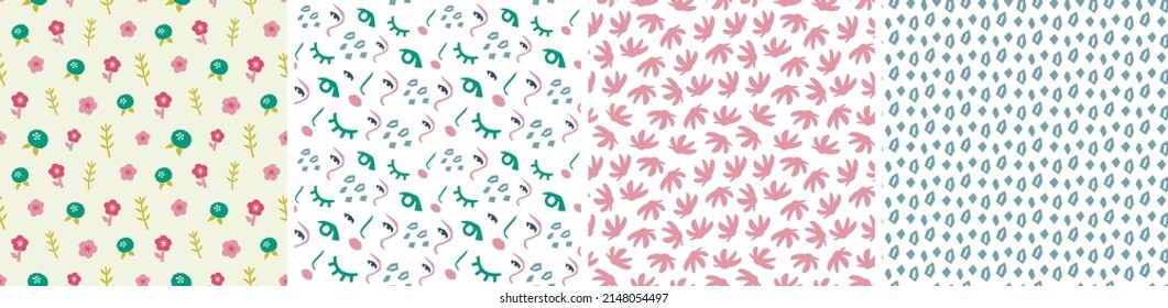 Set of seamless patterns in cutout style. Vector backgrounds with flowers and abstract shapes. Floral vector template for fabric, textile, wallpaper, decor