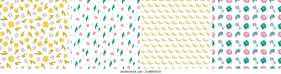 Set of seamless patterns in cutout style. Vector backgrounds with flowers and abstract shapes. Floral vector template for fabric, textile, wallpaper, decor