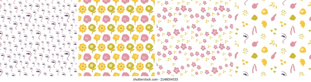 Set of seamless patterns in cutout style. Vector backgrounds with flowers and abstract shapes. Floral vector template for fabric, textile, wallpaper, decor