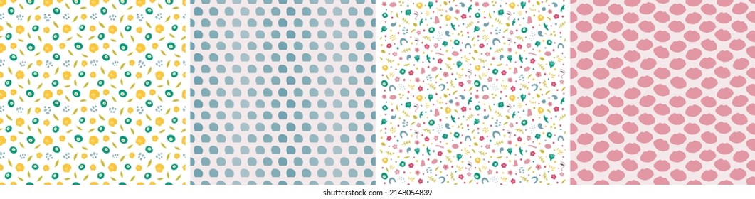 Set of seamless patterns in cutout style. Vector backgrounds with flowers and abstract shapes. Floral vector template for fabric, textile, wallpaper, decor
