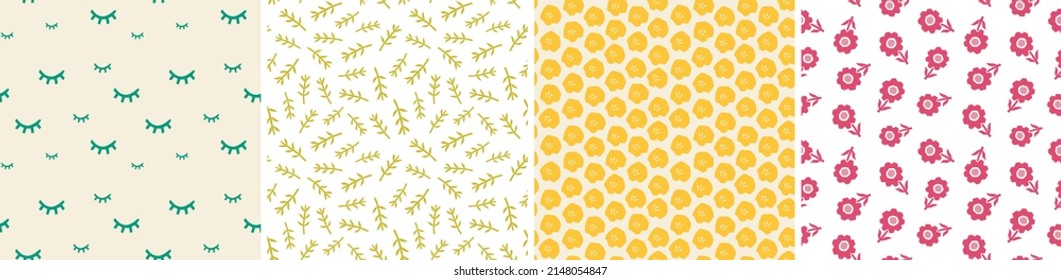 Set of seamless patterns in cutout style. Vector backgrounds with flowers and abstract shapes. Floral vector template for fabric, textile, wallpaper, decor