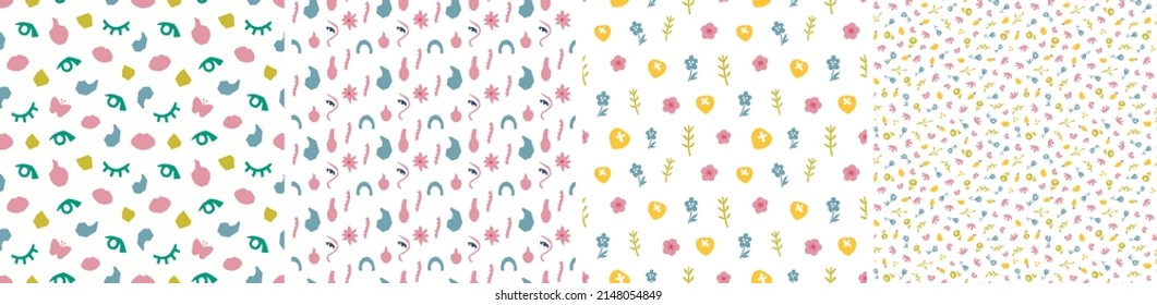 Set of seamless patterns in cutout style. Vector backgrounds with flowers and abstract shapes. Floral vector template for fabric, textile, wallpaper, decor