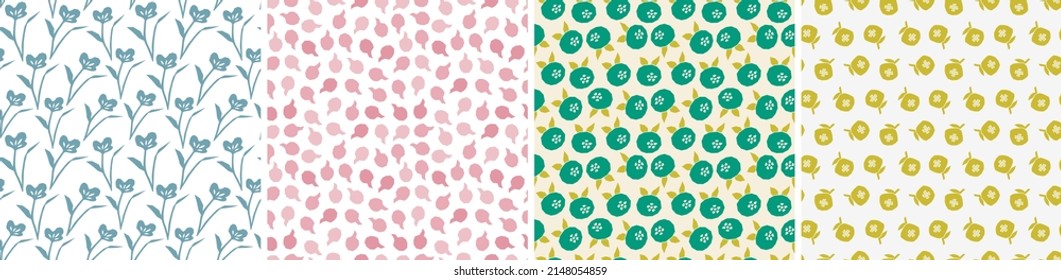 Set of seamless patterns in cutout style. Vector backgrounds with flowers and abstract shapes. Floral vector template for fabric, textile, wallpaper, decor