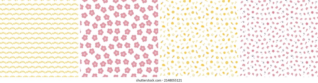 Set of seamless patterns in cutout style. Vector backgrounds with flowers and abstract shapes. Floral vector template for fabric, textile, wallpaper, decor