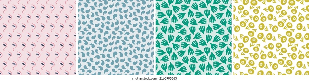 Set of seamless patterns in cutout style. Vector backgrounds with flowers and abstract shapes. Floral vector template for fabric, textile, wallpaper, decor