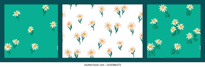 Set of seamless patterns with daisies. Simple floral background design, spring print with cute hand drawn flowers on a blue field. Vector illustration.