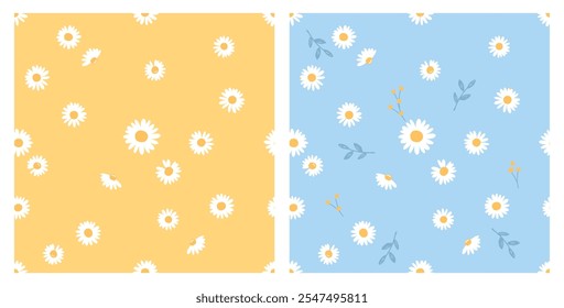 Set of seamless patterns with daisy chamomile flower and hand drawn branches  on yellow and blue backgrounds vector. Cute floral print.