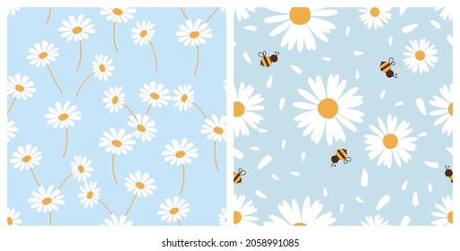 Set Of Seamless Patterns With Daisy Flower And Bee Cartoons On Blue Background Vector Illustration. Cute Floral Print.