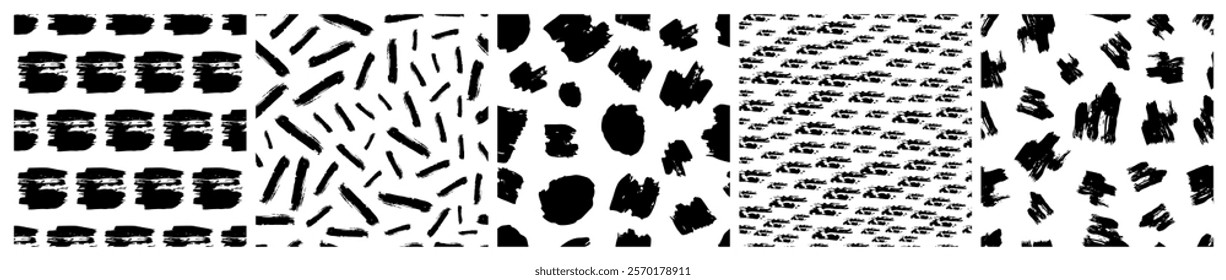 Set of seamless patterns with dark hand drawn scribble smear on white background. Abstract grunge texture. Vector illustration