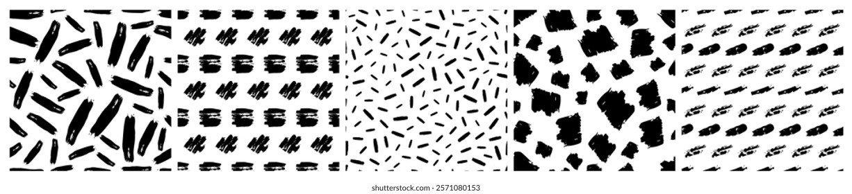 Set of seamless patterns with dark hand drawn scribble smear on white background. Abstract grunge texture. Vector illustration