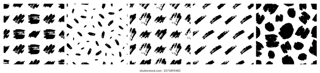 Set of seamless patterns with dark hand drawn scribble smear on white background. Abstract grunge texture. Vector illustration