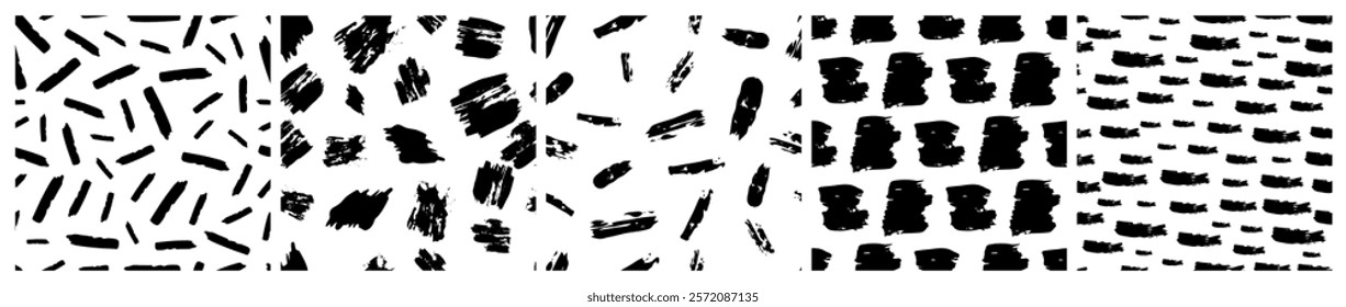 Set of seamless patterns with dark hand drawn scribble smear on white background. Abstract grunge texture. Vector illustration