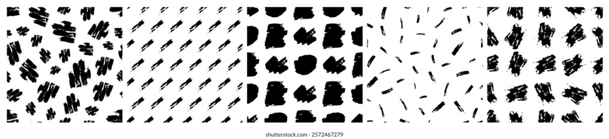 Set of seamless patterns with dark hand drawn scribble smear on white background. Abstract grunge texture. Vector illustration