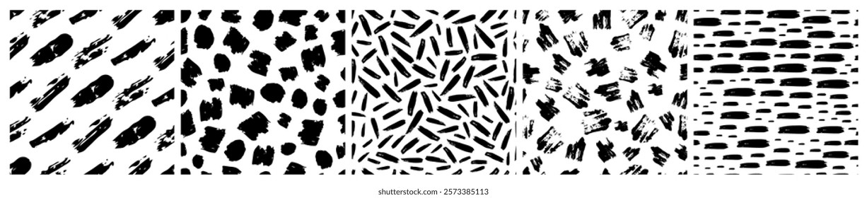 Set of seamless patterns with dark hand drawn scribble smear on white background. Abstract grunge texture. Vector illustration