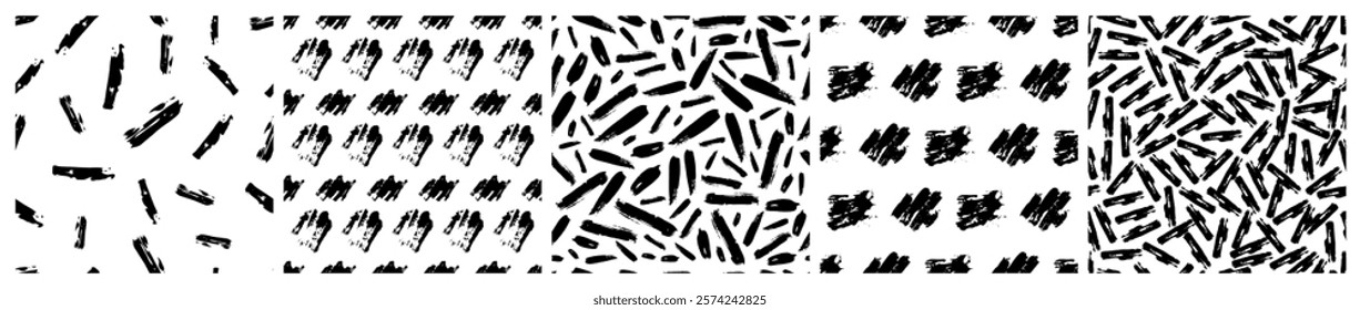 Set of seamless patterns with dark hand drawn scribble smear on white background. Abstract grunge texture. Vector illustration