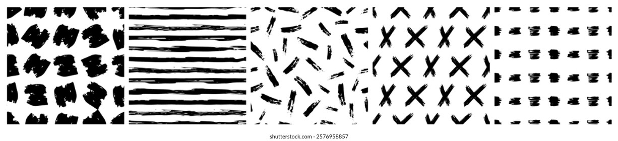 Set of seamless patterns with dark hand drawn scribble smear on white background. Abstract grunge texture. Vector illustration