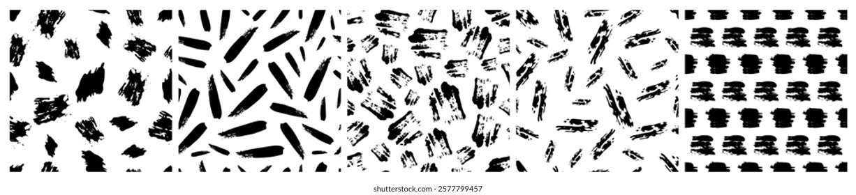 Set of seamless patterns with dark hand drawn scribble smear on white background. Abstract grunge texture. Vector illustration