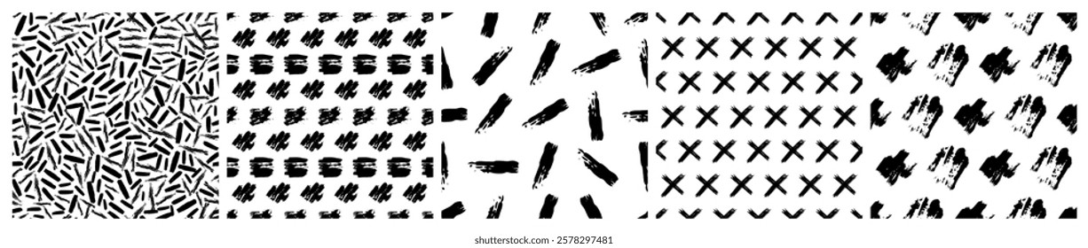 Set of seamless patterns with dark hand drawn scribble smear on white background. Abstract grunge texture. Vector illustration