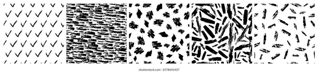 Set of seamless patterns with dark hand drawn scribble smear on white background. Abstract grunge texture. Vector illustration