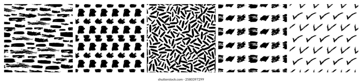 Set of seamless patterns with dark hand drawn scribble smear on white background. Abstract grunge texture. Vector illustration