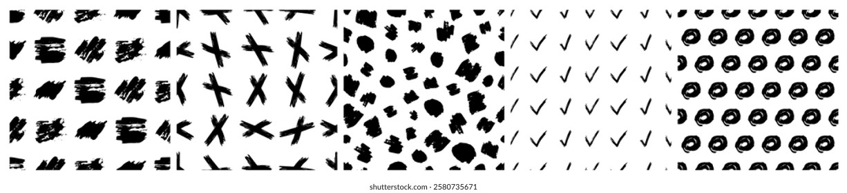 Set of seamless patterns with dark hand drawn scribble smear on white background. Abstract grunge texture. Vector illustration