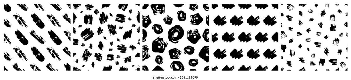 Set of seamless patterns with dark hand drawn scribble smear on white background. Abstract grunge texture. Vector illustration