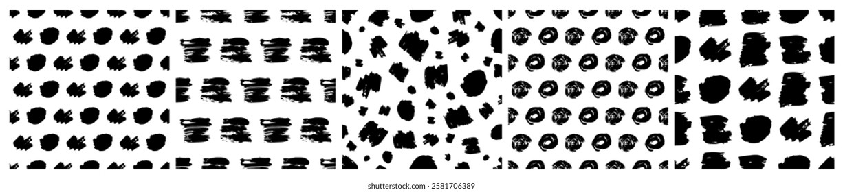 Set of seamless patterns with dark hand drawn scribble smear on white background. Abstract grunge texture. Vector illustration