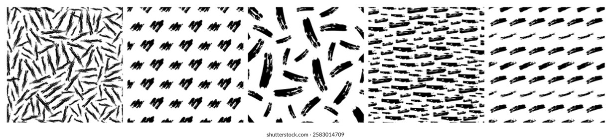 Set of seamless patterns with dark hand drawn scribble smear on white background. Abstract grunge texture. Vector illustration