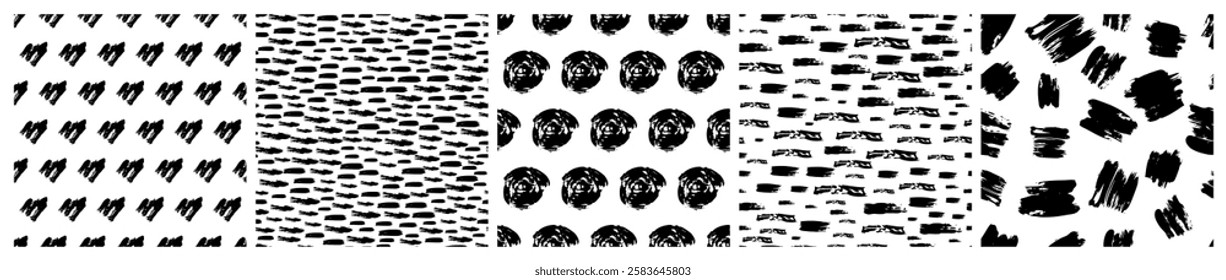 Set of seamless patterns with dark hand drawn scribble smear on white background. Abstract grunge texture. Vector illustration