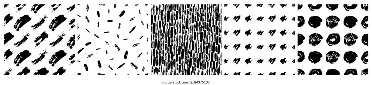 Set of seamless patterns with dark hand drawn scribble smear on white background. Abstract grunge texture. Vector illustration