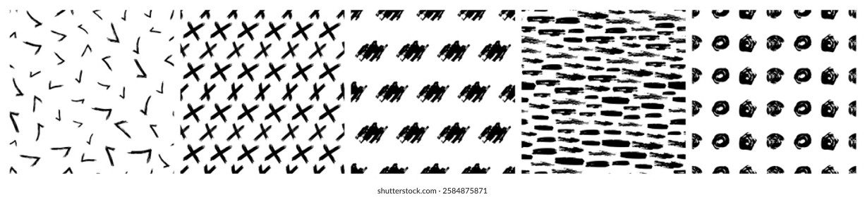 Set of seamless patterns with dark hand drawn scribble smear on white background. Abstract grunge texture. Vector illustration