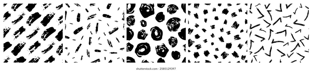 Set of seamless patterns with dark hand drawn scribble smear on white background. Abstract grunge texture. Vector illustration