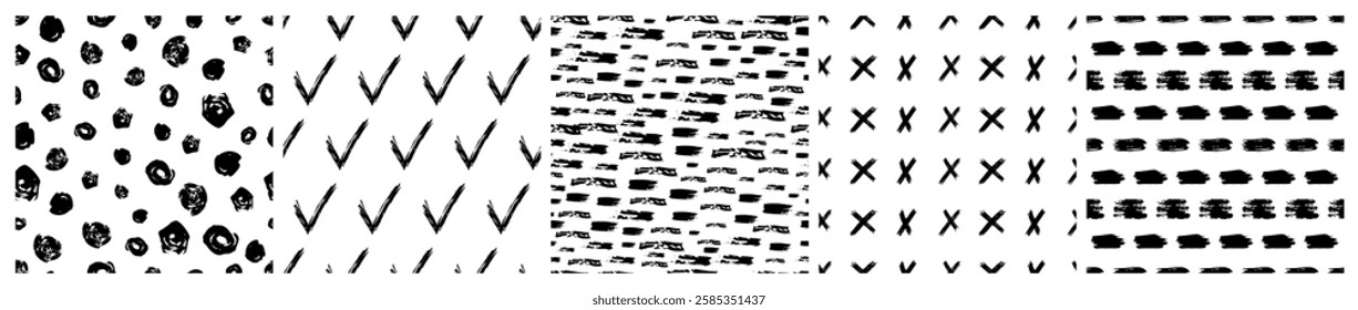 Set of seamless patterns with dark hand drawn scribble smear on white background. Abstract grunge texture. Vector illustration