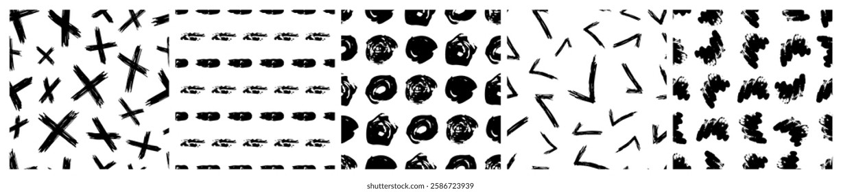 Set of seamless patterns with dark hand drawn scribble smear on white background. Abstract grunge texture. Vector illustration