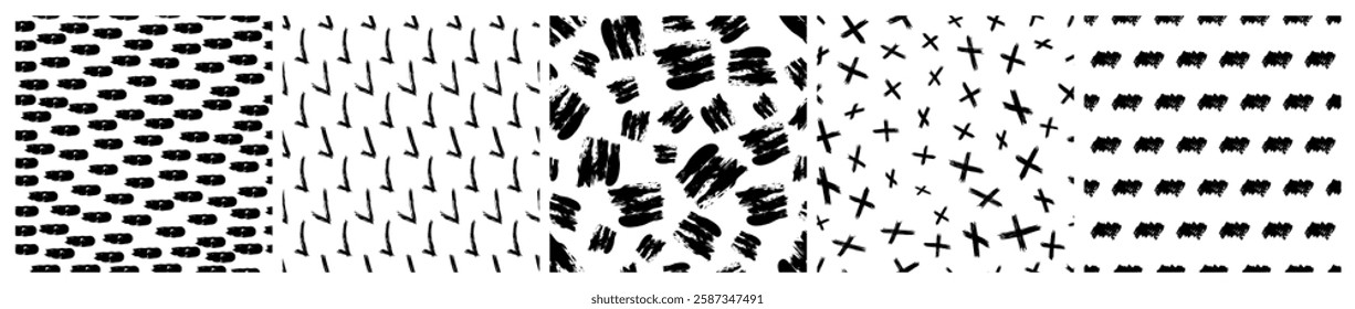 Set of seamless patterns with dark hand drawn scribble smear on white background. Abstract grunge texture. Vector illustration