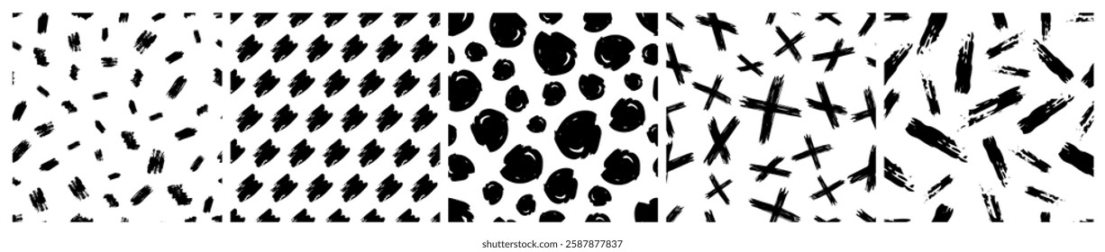 Set of seamless patterns with dark hand drawn scribble smear on white background. Abstract grunge texture. Vector illustration