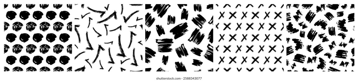 Set of seamless patterns with dark hand drawn scribble smear on white background. Abstract grunge texture. Vector illustration